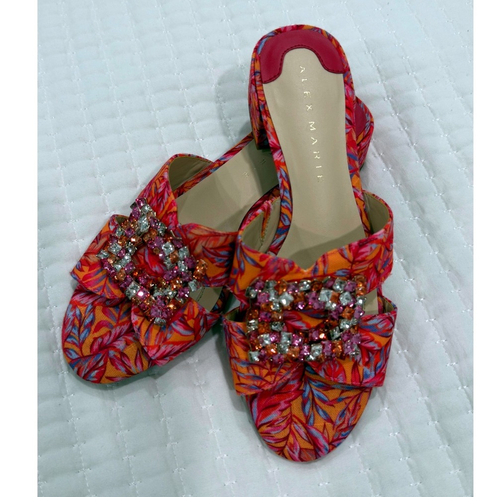 Alex Marie Tropical Print Crystal Buckle Slides Orange Pink Low Block Heel 8.5M